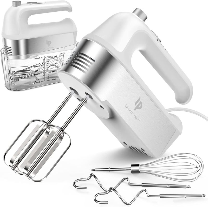 LILPARTNER Hand Mixer Electric, 450W Kitchen Mixers with Scale Cup Storage Case, Turbo Boost/Self-Control Speed + 5 Speed + Eject Button + 5 Stainless Steel Accessories, For Easy Whipping Dough, Cream, White - Image 1